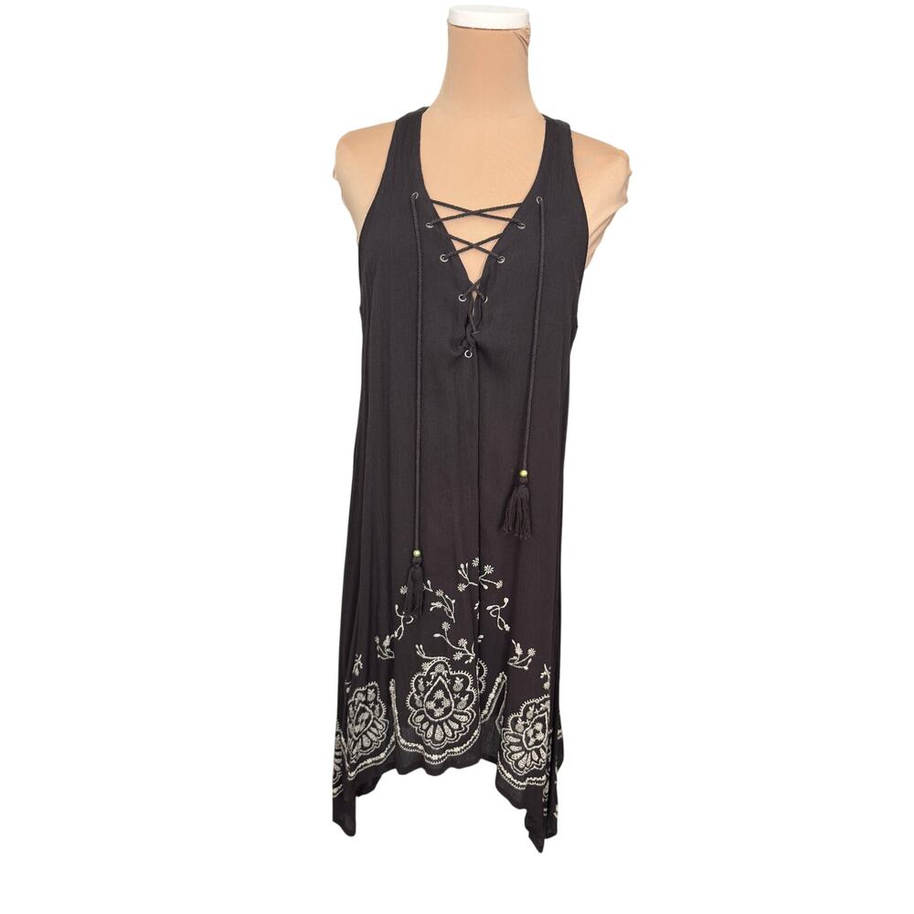 Taylor & Sage Boho Embroidered Dress Brown Ivory Lace-Up Festival M